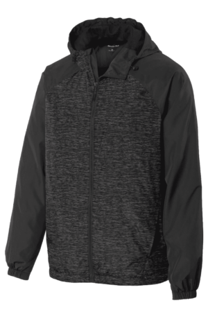 Sport-Tek Heather Colorblock Raglan Hooded Wind Jacket. JST40