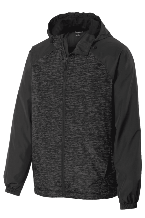 Sport-Tek Heather Colorblock Raglan Hooded Wind Jacket. JST40